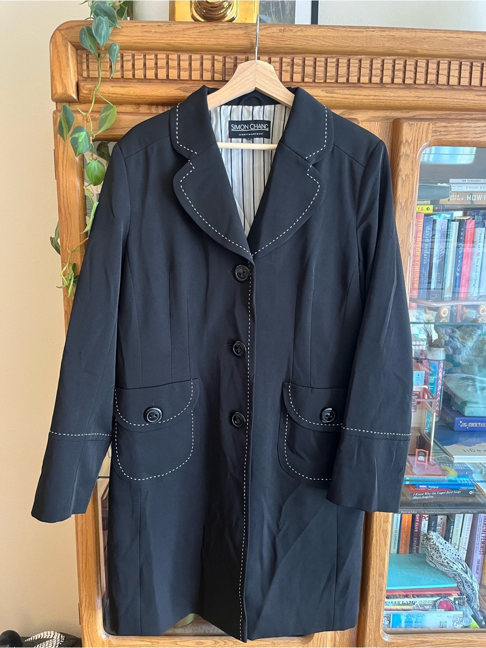 Y2K Simon Chang Black Trench Coat with White Topstitching
